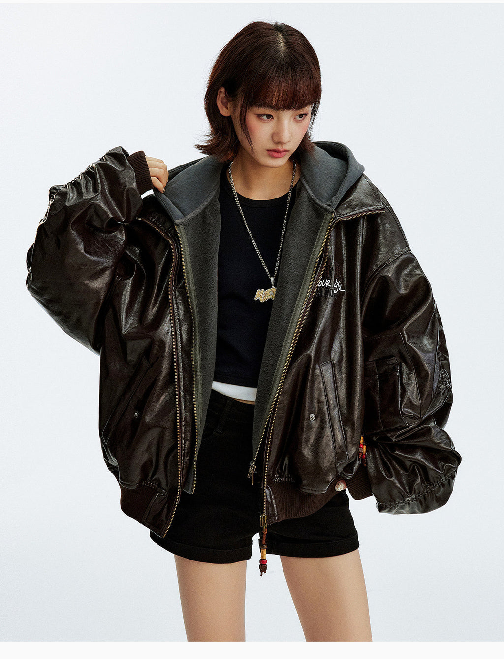 MEDM Layered Hood PU Leather Bomber Jacket