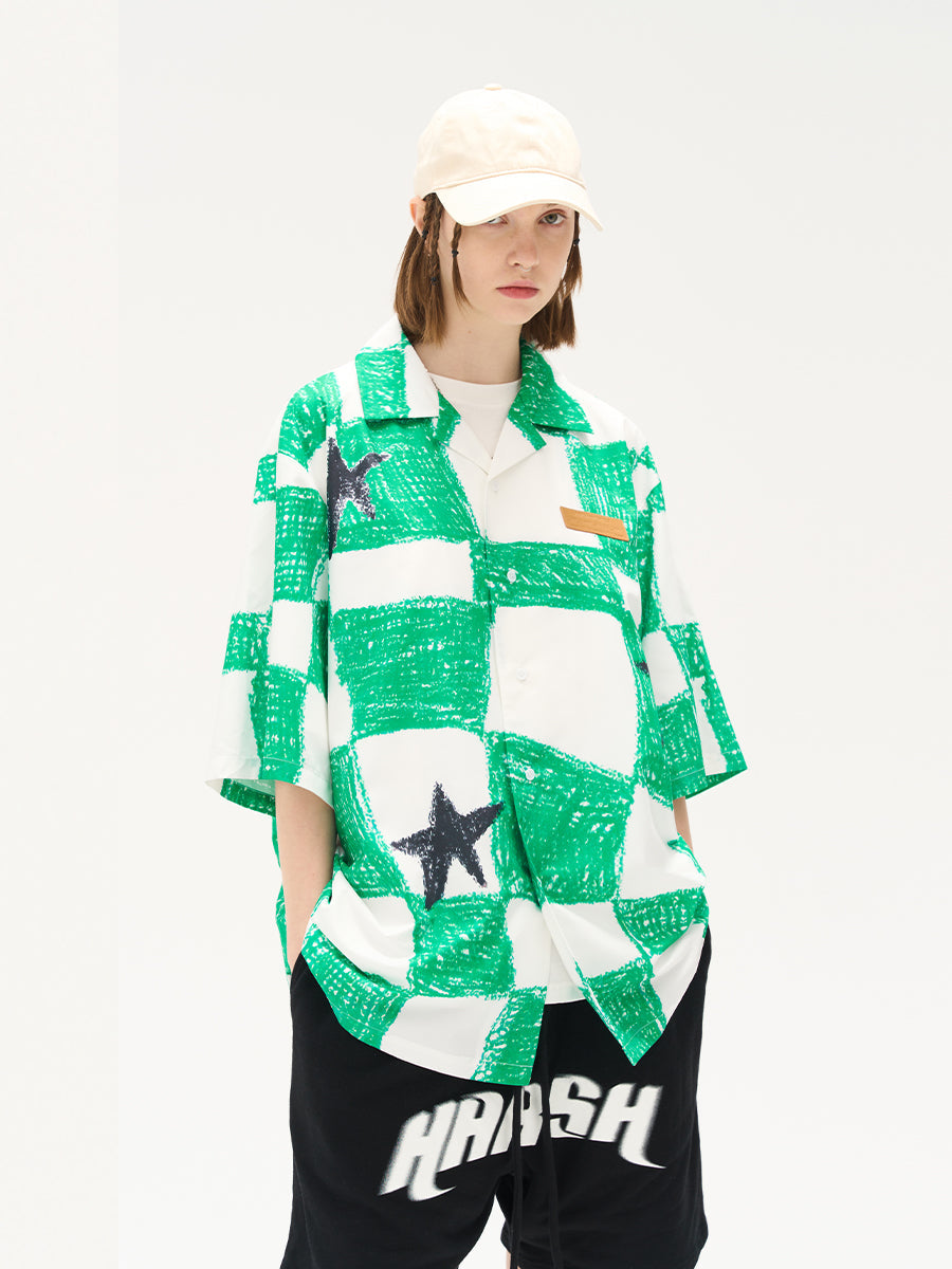 Harsh and Cruel Checkerboard Star Print Cuban Shirt