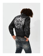 KARMANISTIC Graphic Embroidered Leather Short Bomber Jacket