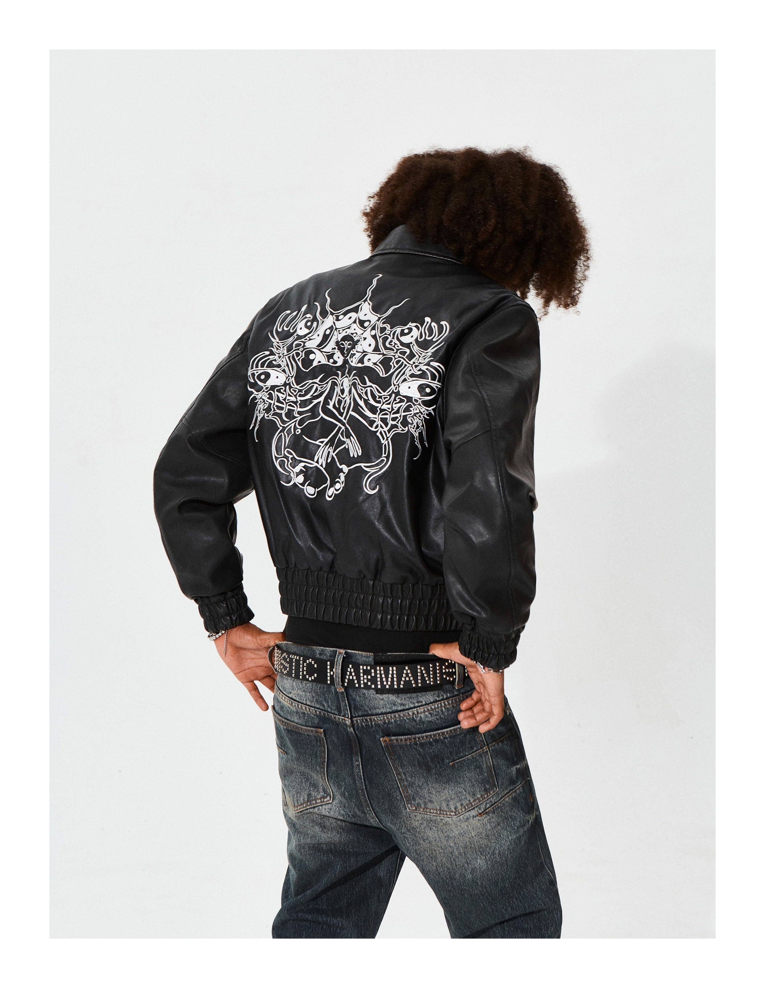KARMANISTIC Graphic Embroidered Leather Short Bomber Jacket