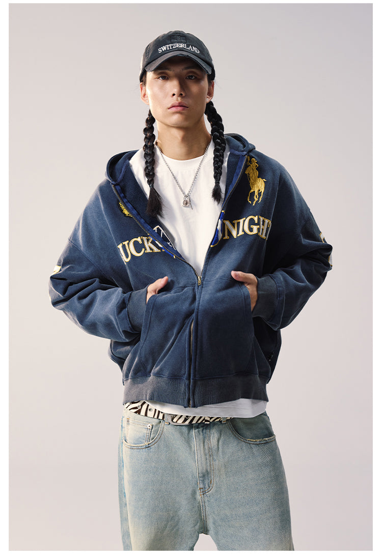 Remedy Washed Patch Embroidered Zip Up Hoodie