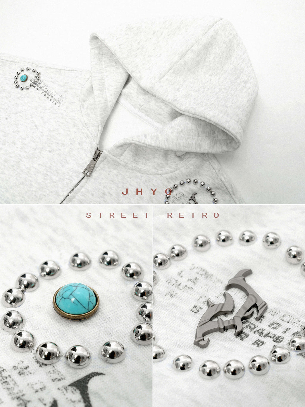 JHYQ Rhinestone Thorn Print Double Zipper Hoodie