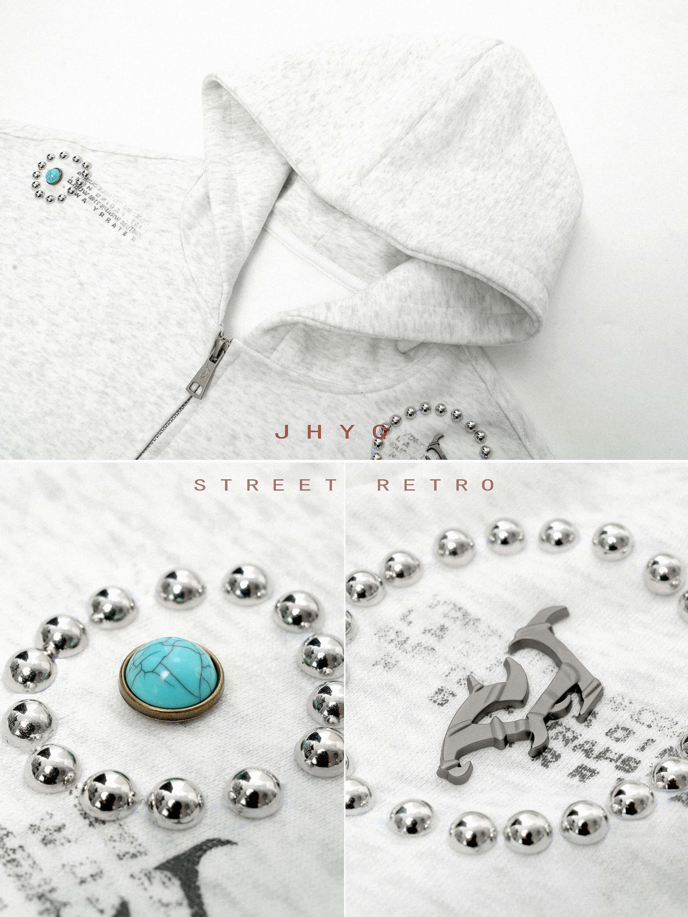 JHYQ Rhinestone Thorn Print Double Zipper Hoodie
