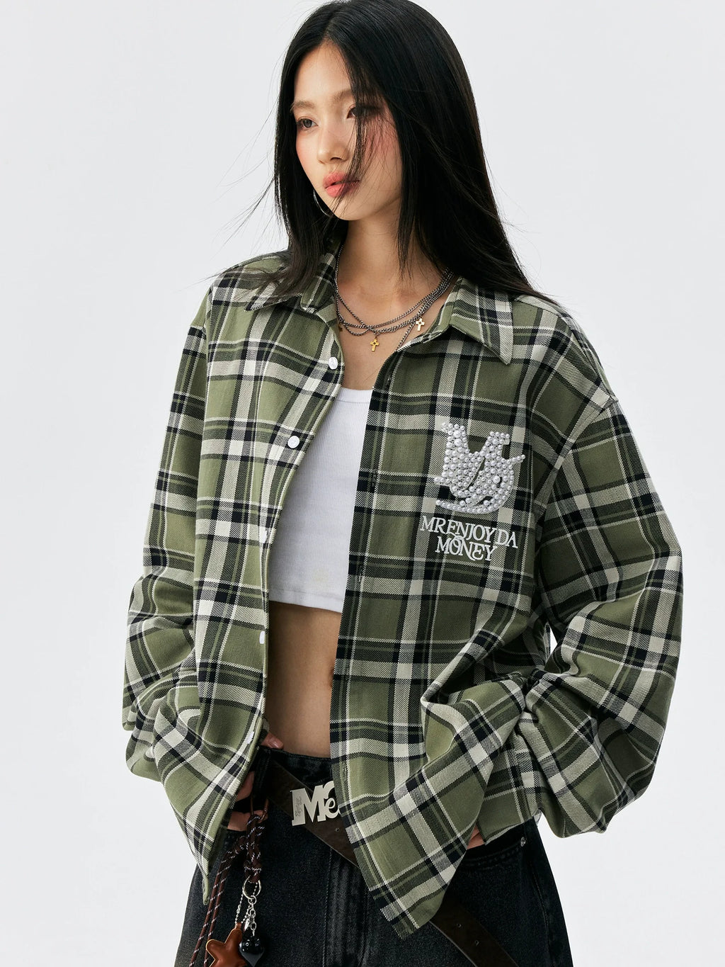 MEDM Green Pearl Embroidery Plaid Long Sleeve Shirt
