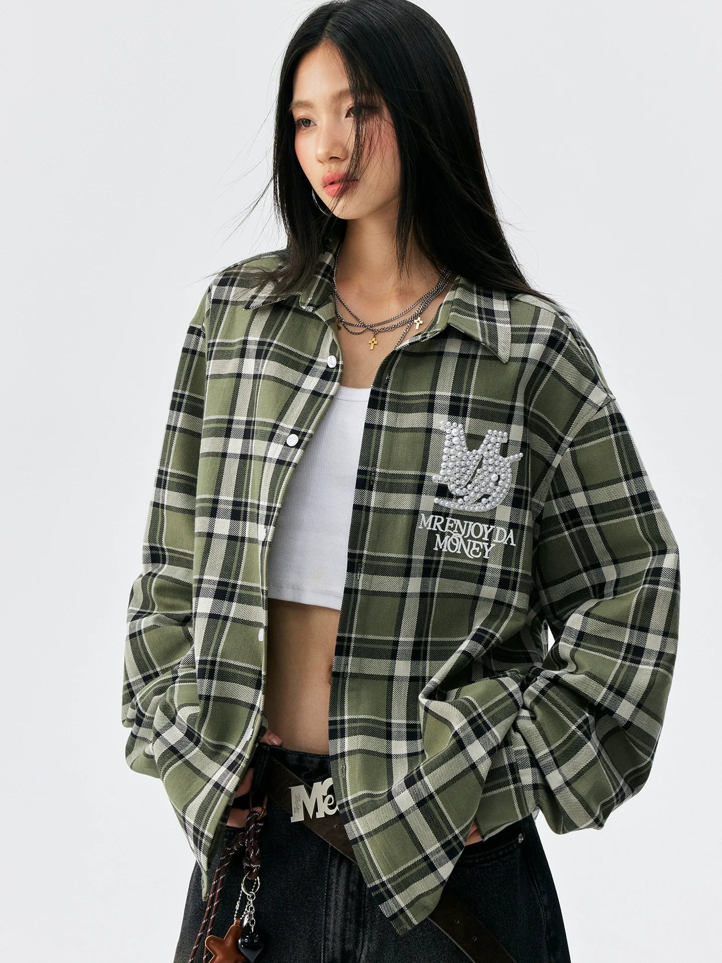 MEDM Green Pearl Embroidery Plaid Long Sleeve Shirt