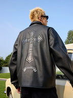 Harsh and Cruel Metal Cross Logo Textured Leather Jacket