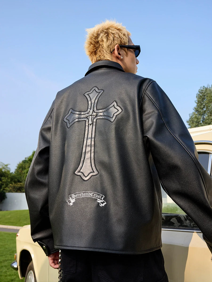Harsh and Cruel Metal Cross Logo Textured Leather Jacket