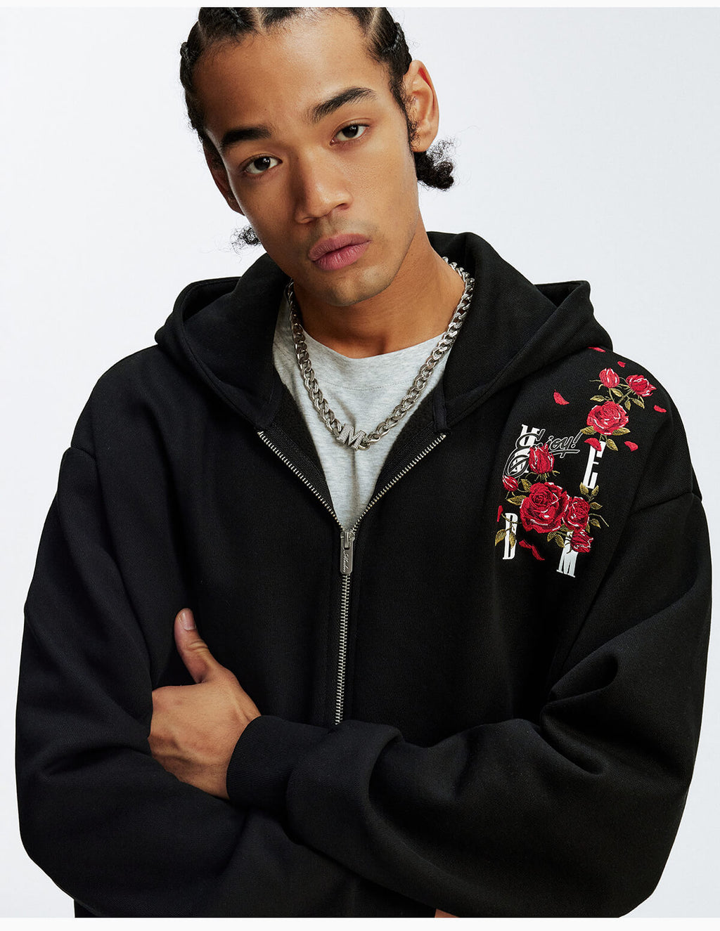 MEDM Rose Embroidered Zip Up Hoodie
