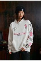 Small Town Kid Cross Print Patch Logo Leather Hoodie