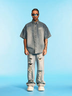 1807 Distressed Logo Washed Denim Short Sleeve Shirt