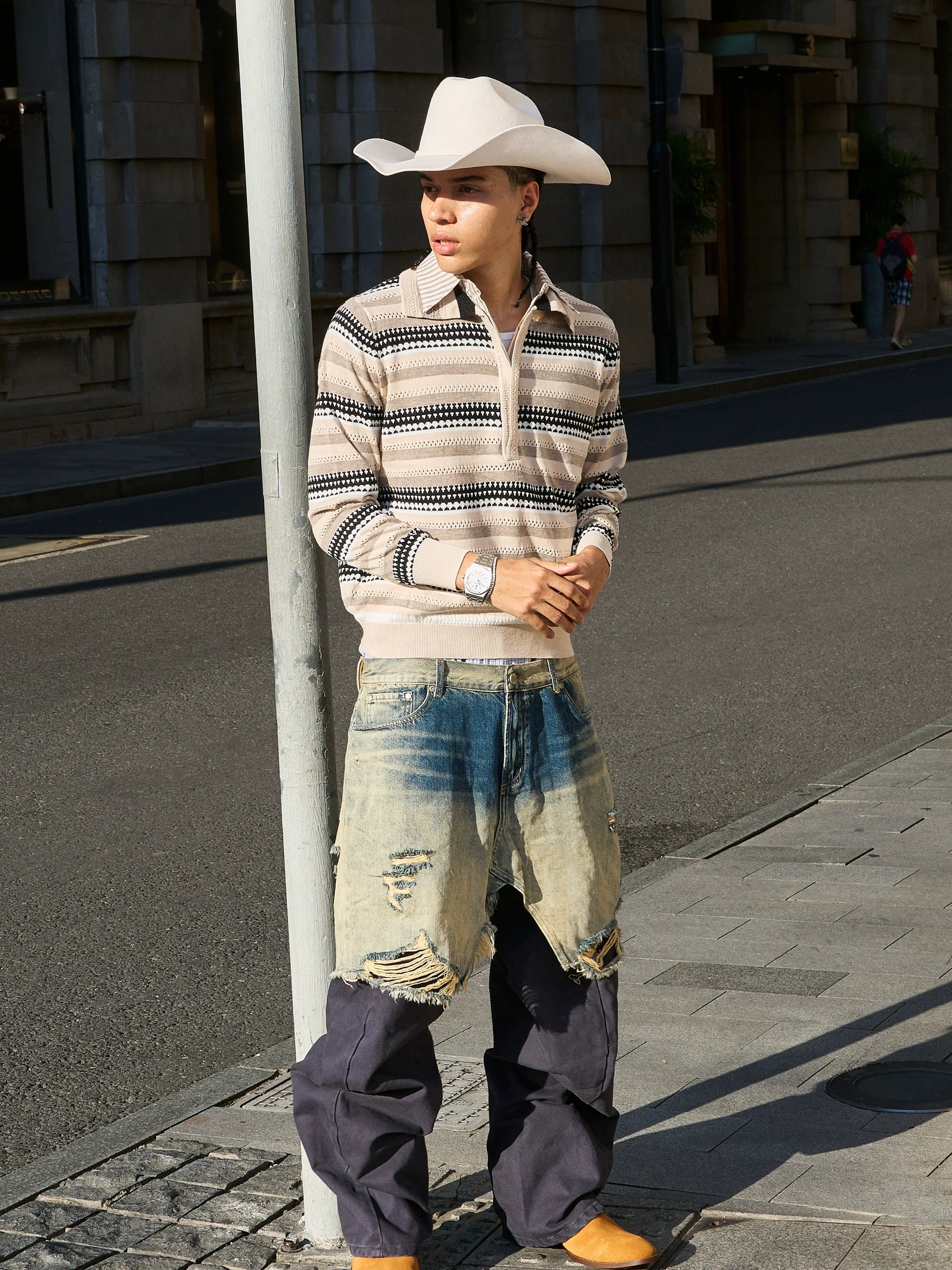 STEEPC Layered Design Washed Distressed Baggy Jeans