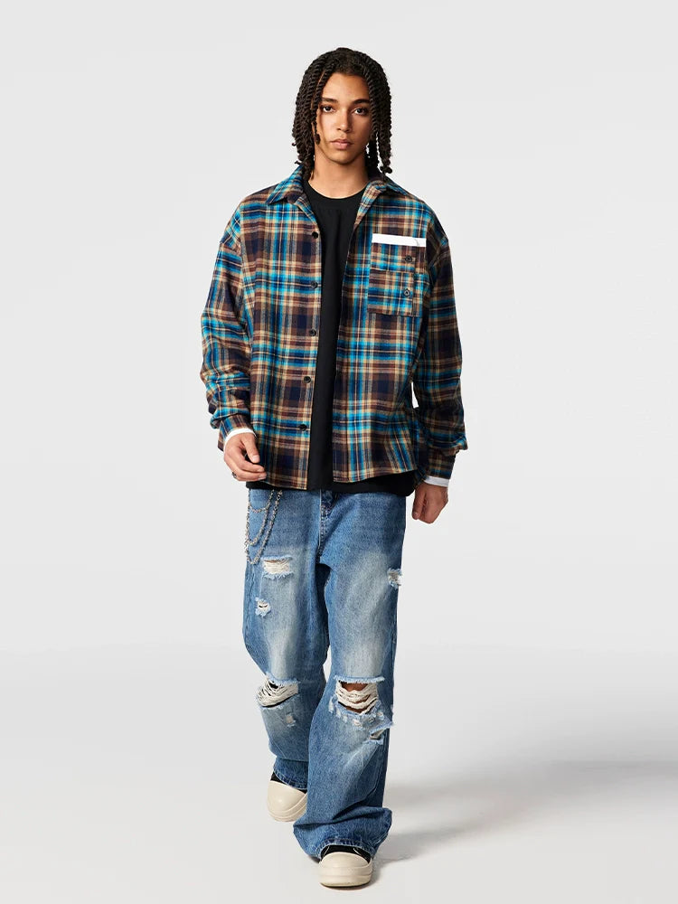Achock Design Pocket Plaid Long Sleeved Shirt
