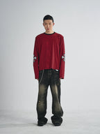 RUSURE Striped Cross Logo Print Long Sleeve Tee