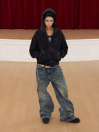 KARMANISTIC Rhinestone Logo Dirty Dye Zip Up Hoodie