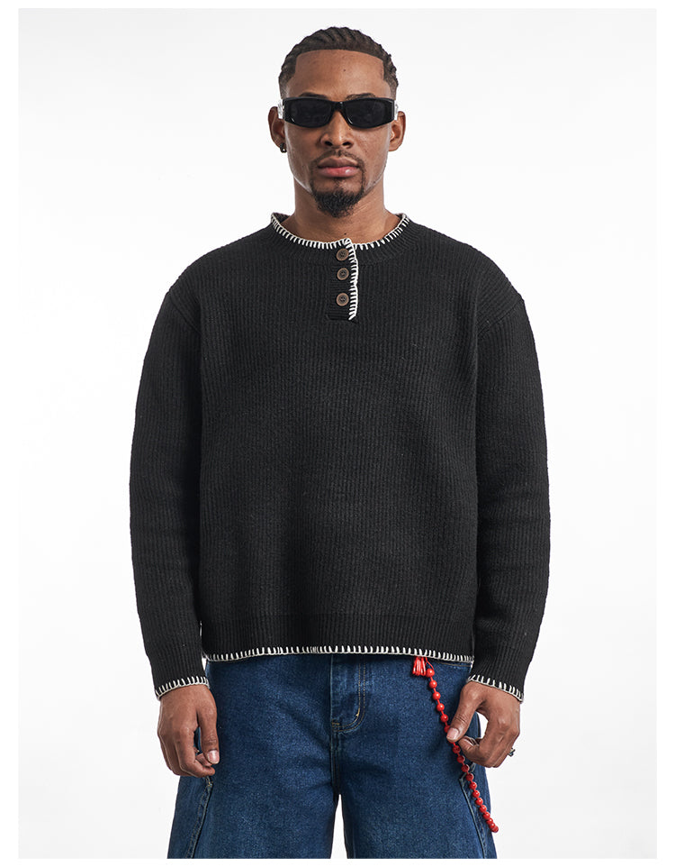 F3F Select White Stitching Henley Neck Knit Sweater