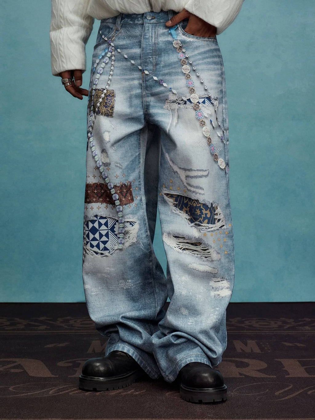 YADcrew x MEDM 3D Cloth Patch Chain Distressed Digital Print Jeans