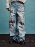 YADcrew x MEDM 3D Cloth Patch Chain Distressed Digital Print Jeans