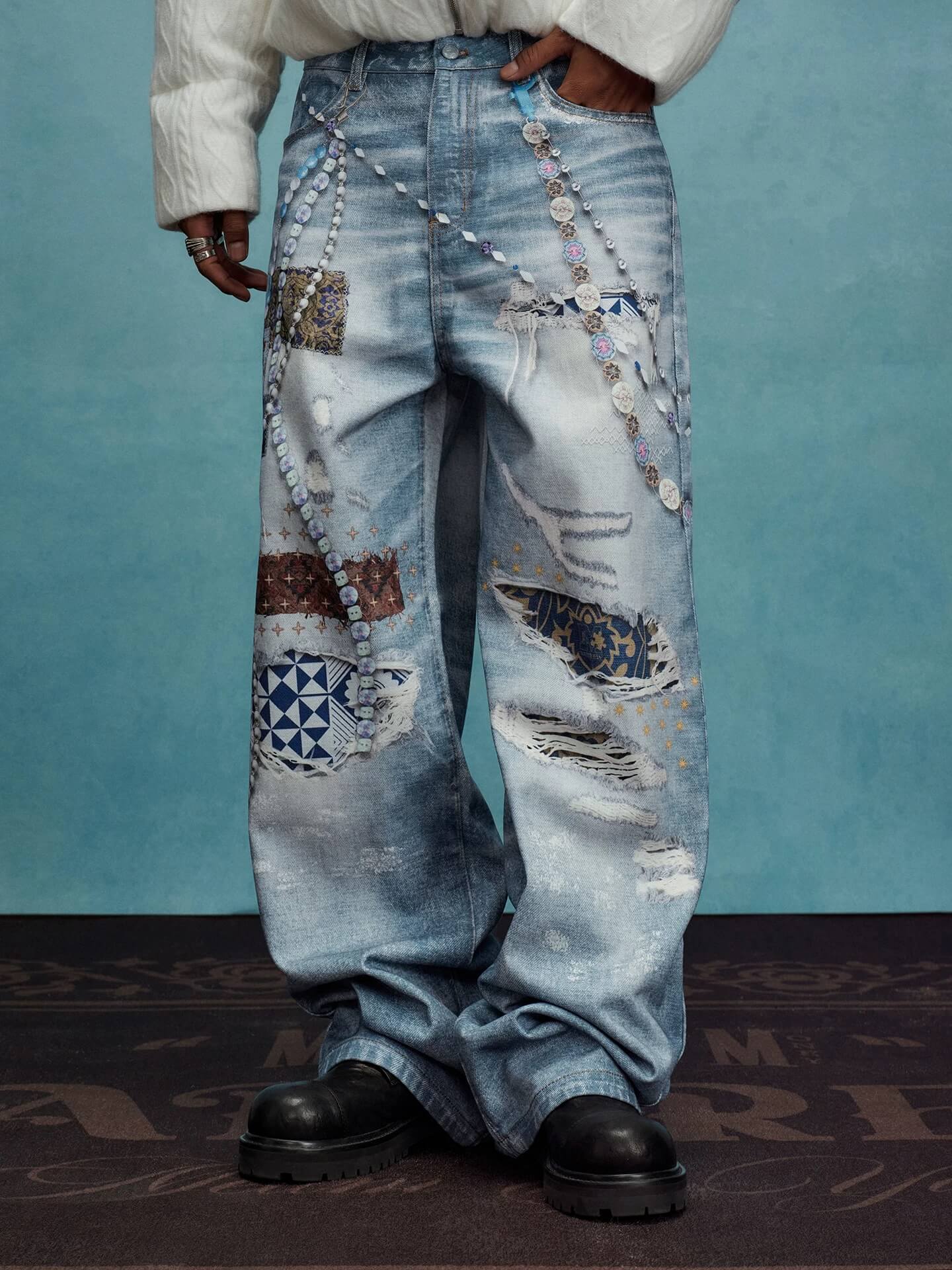 YADcrew x MEDM 3D Cloth Patch Chain Distressed Digital Print Jeans
