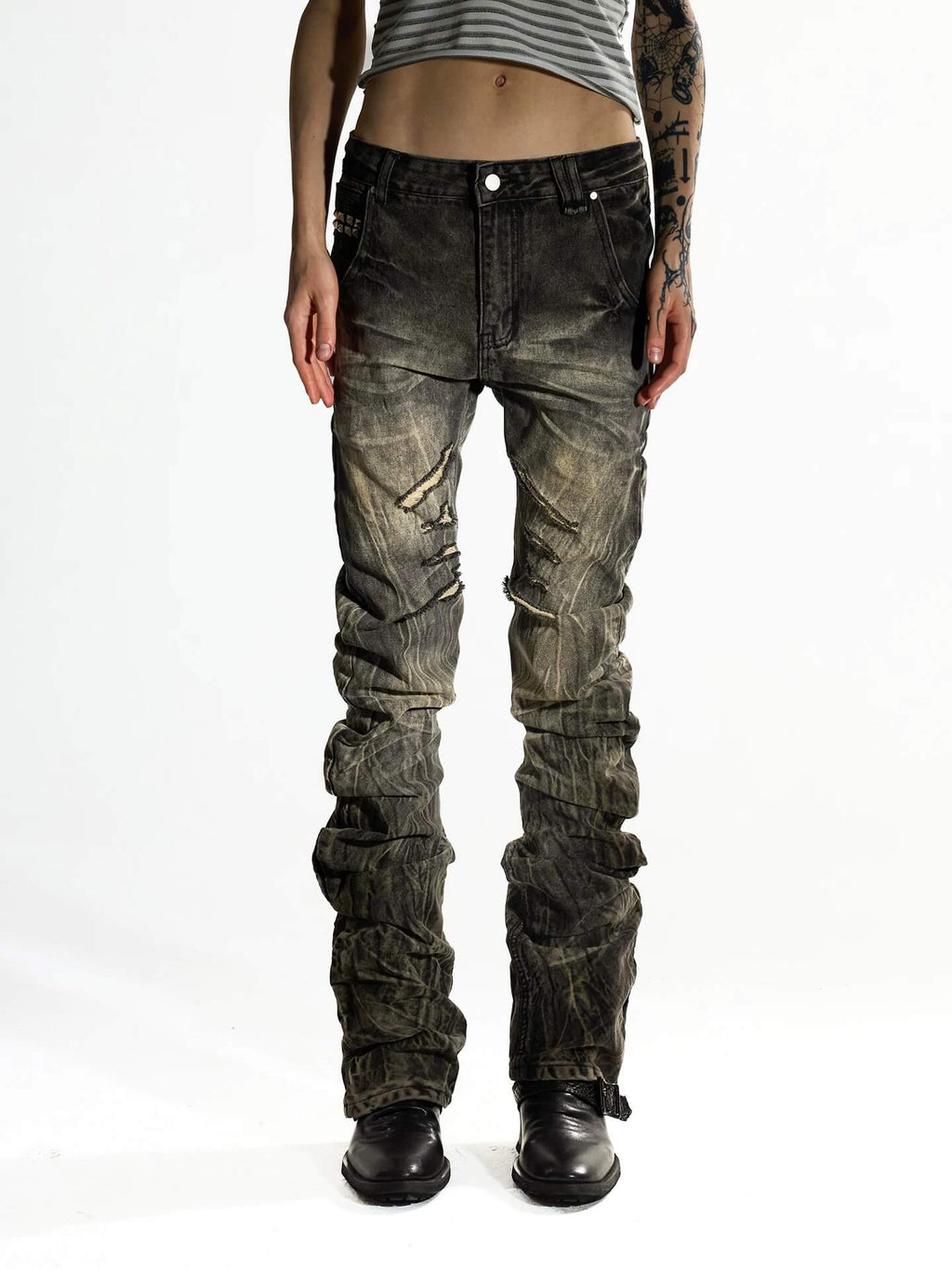 Night Lab Rock Rivet Washed Distressed Curved Slim Fit Jeans