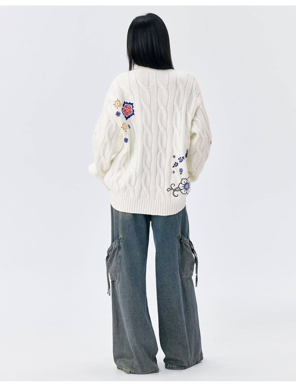 MEDM Floral Butterfly Embroidered Cable Knit Cardigan