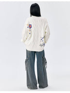 MEDM Floral Butterfly Embroidered Cable Knit Cardigan