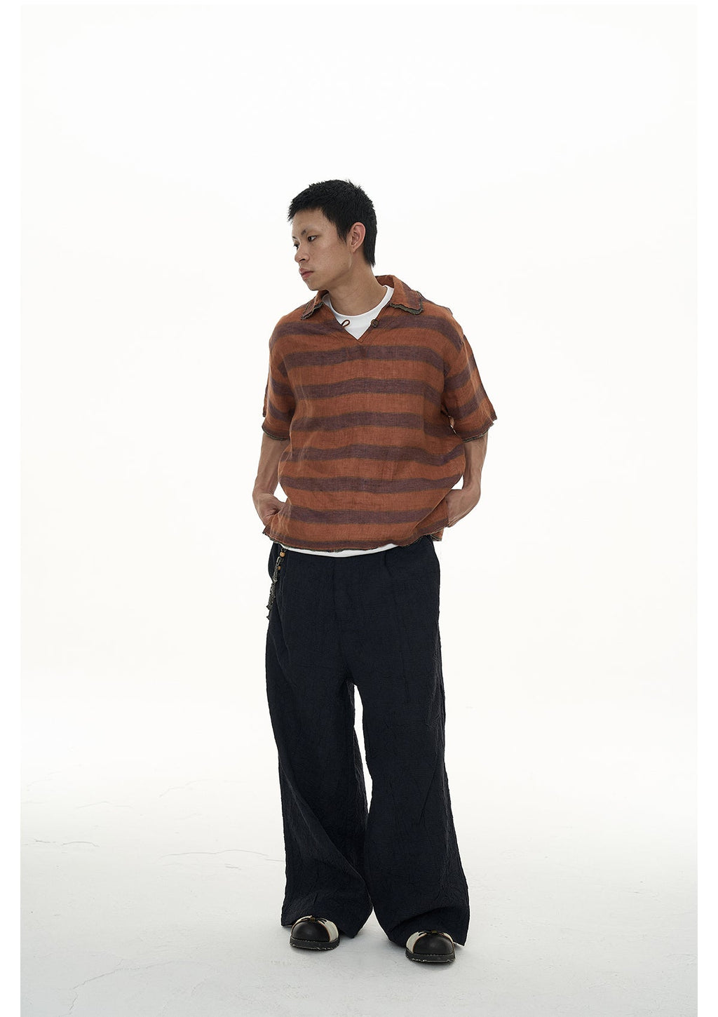 EVILKNIGHT(EK) Striped Plaid Tie-Dye Linen Polo Shirt