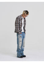 EVILKNIGHT(EK) Washed Checkered Patch Distressed Jeans