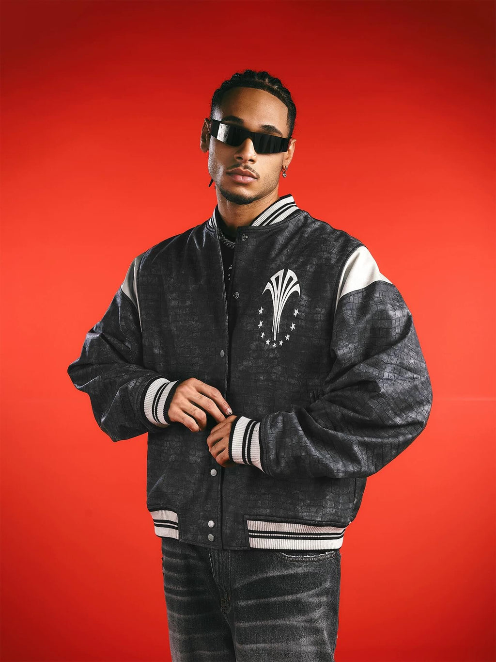 1807 In Here Crocodile PU Leather Varsity Jacket