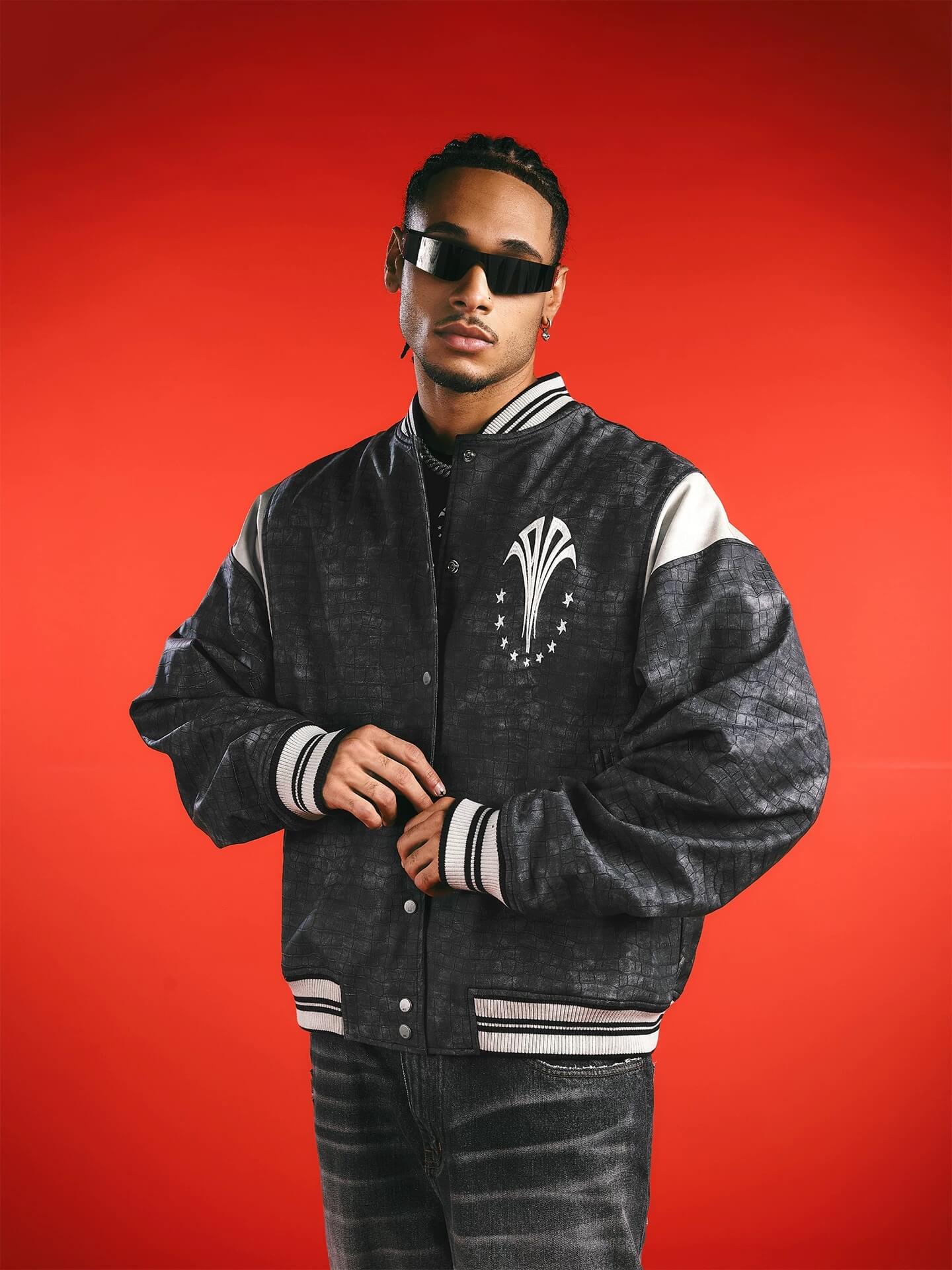 1807 In Here Crocodile PU Leather Varsity Jacket