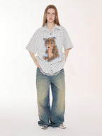 EMPTY REFERENCE Hand Painted Bear Print Plaid Short Sleeve Shirt