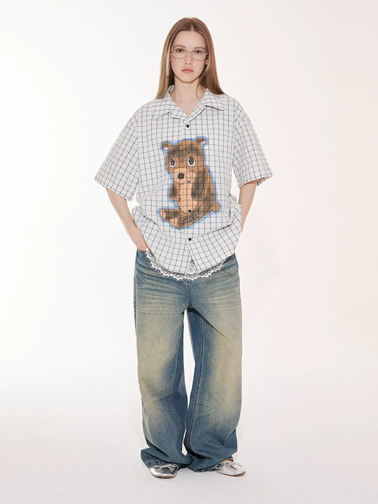 EMPTY REFERENCE Hand Painted Bear Print Plaid Short Sleeve Shirt