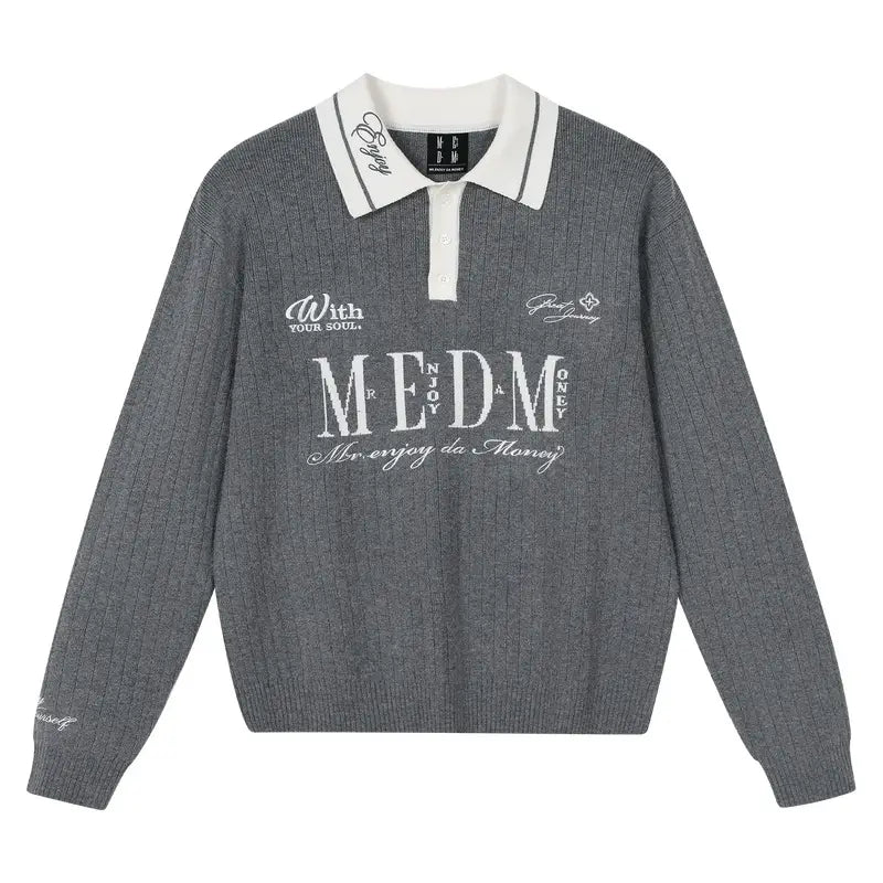 MEDM Color Blocked Long Sleeve Knit Polo Sweater