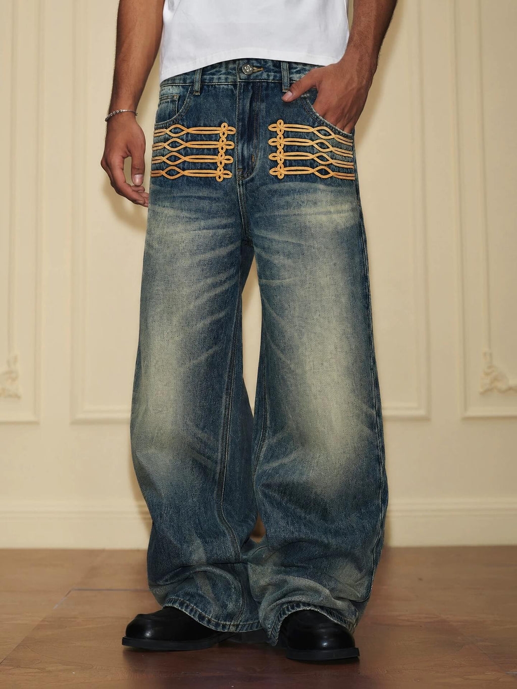 YADcrew Braid Embroidered Washed Loose Fit Jeans