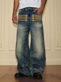 YADcrew Braid Embroidered Washed Loose Fit Jeans