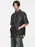 BLIND NO PLAN Patchwork Leather Biker Short Sleeve Shirt