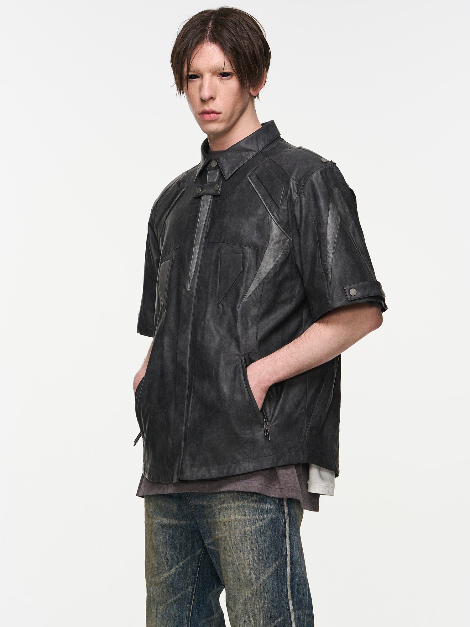 BLIND NO PLAN Patchwork Leather Biker Short Sleeve Shirt