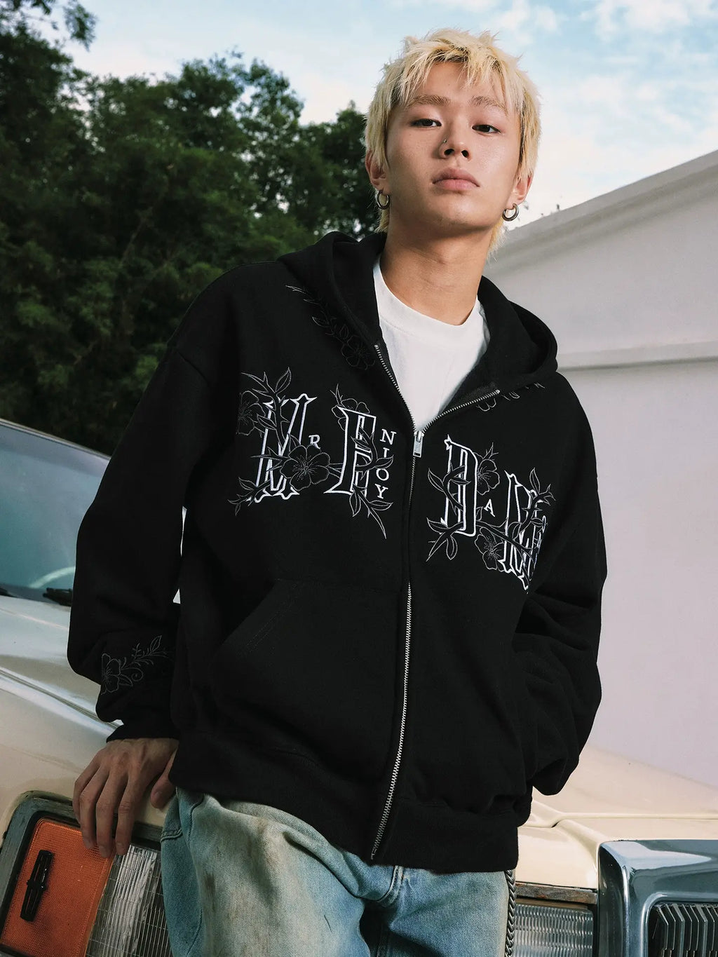 MEDM Flower Embroidered Zip Up Hoodie