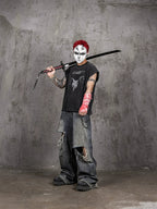 UNDERWATER Washed Devil Bone Print Distressed Sleeveless Tee