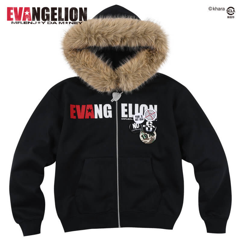 MEDM x EVA NEVER END Character Print Logo Embroidered Fur Hood Zip Up Hoodie