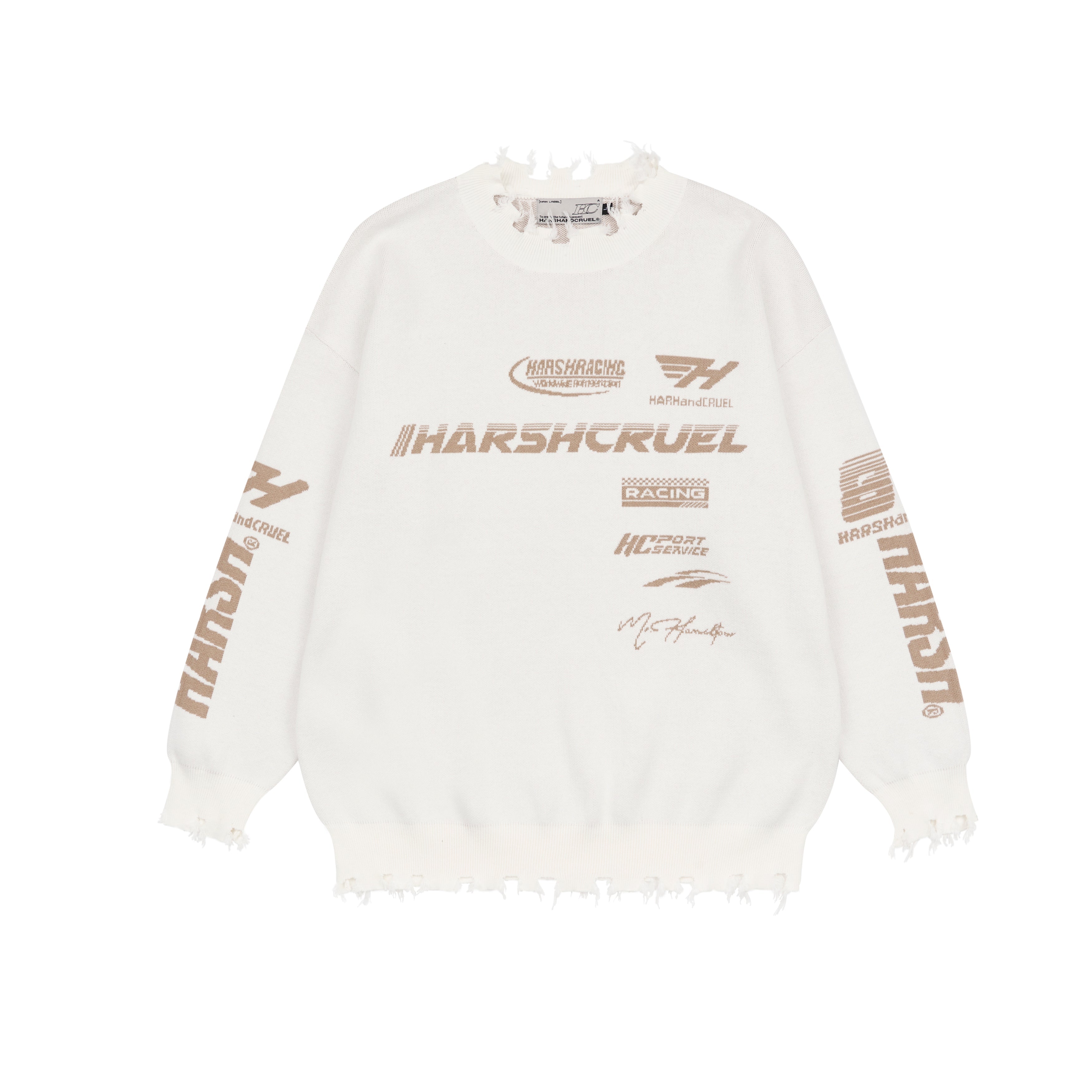 Harsh and Cruel Racing Logo Distressed Knit Sweater