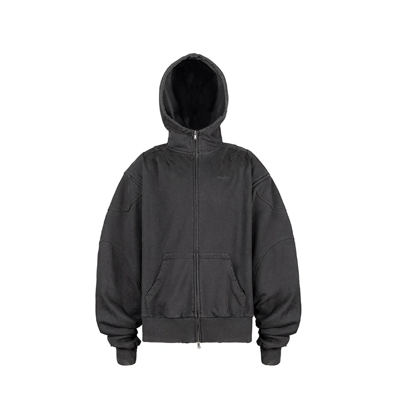 UNDERWATER Aged Silhouette Shirred Biker Armor Zip-Up Hoodie