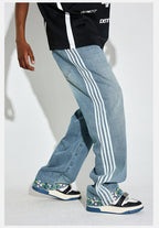 DICETINY Side Striped Floral Embroidered Washed Jeans