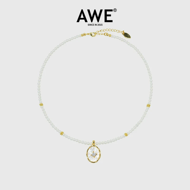 AWE Zirconia Pendant Pearl Beaded Necklace