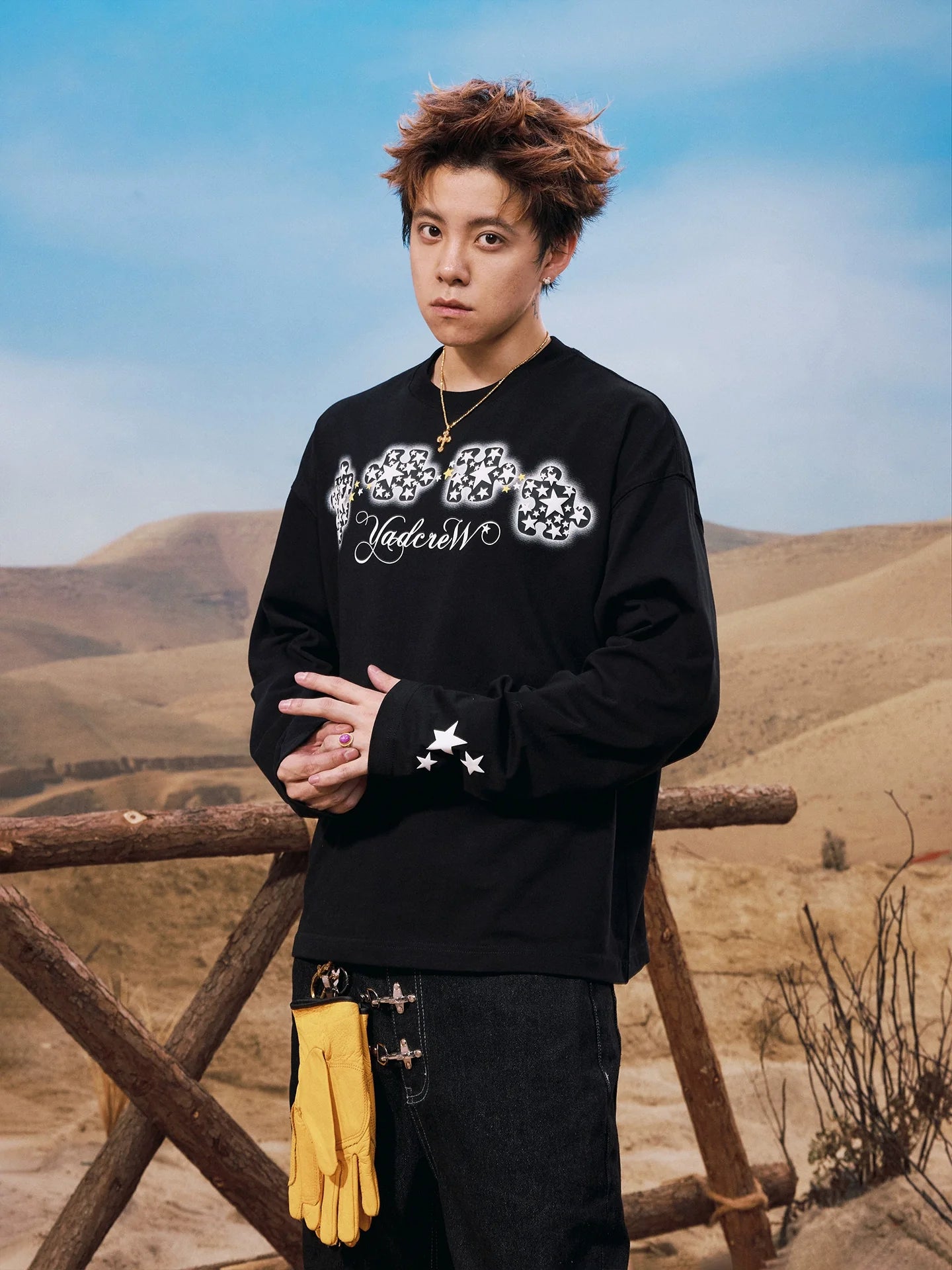 YADcrew Galaxy Star Puzzle Foam Print Long Sleeve Tee