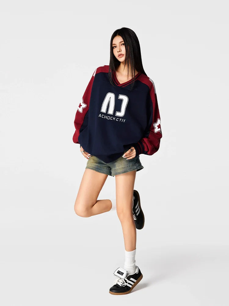 Achock Color Blocking V-Neck Sweatshirt