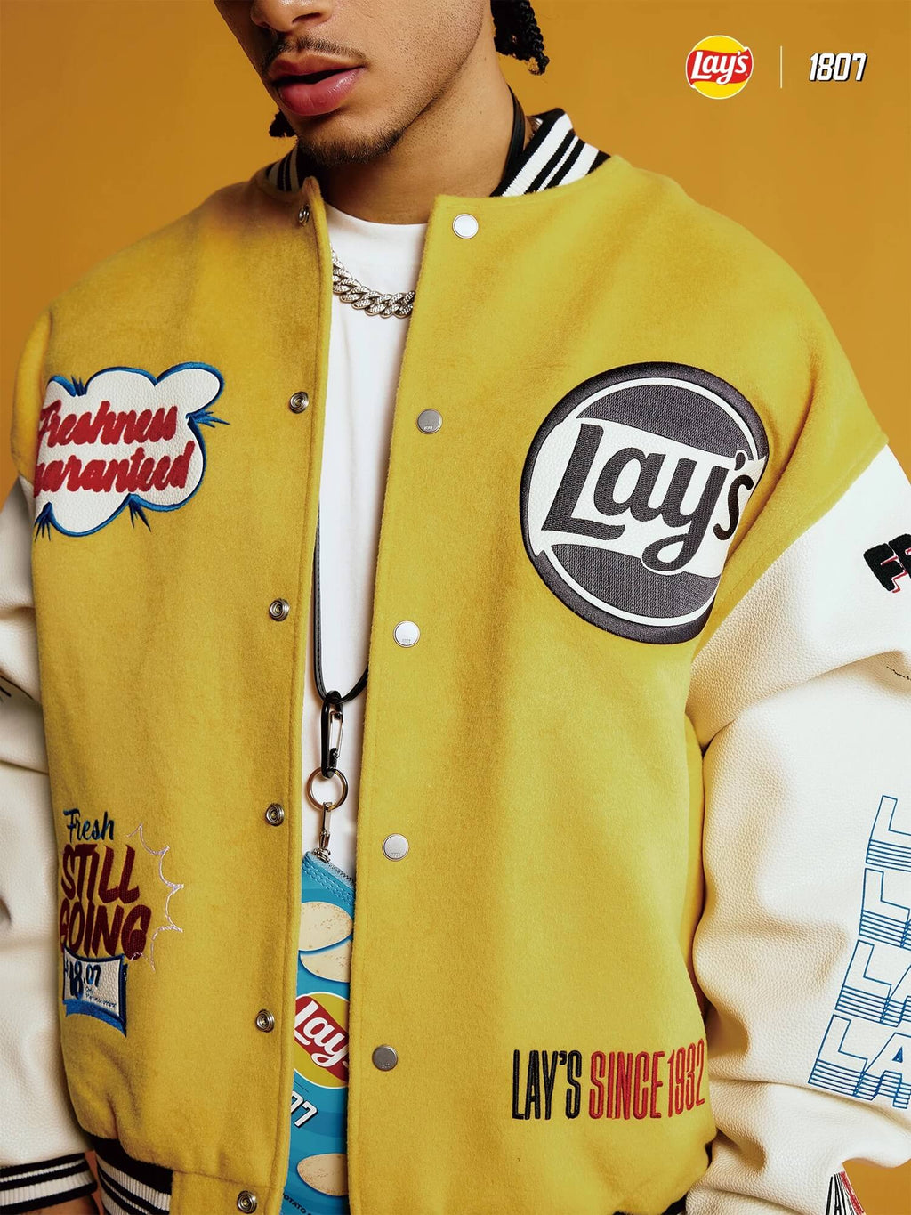 1807 × Lay’s Embroidered PU Leather Varsity Jacket