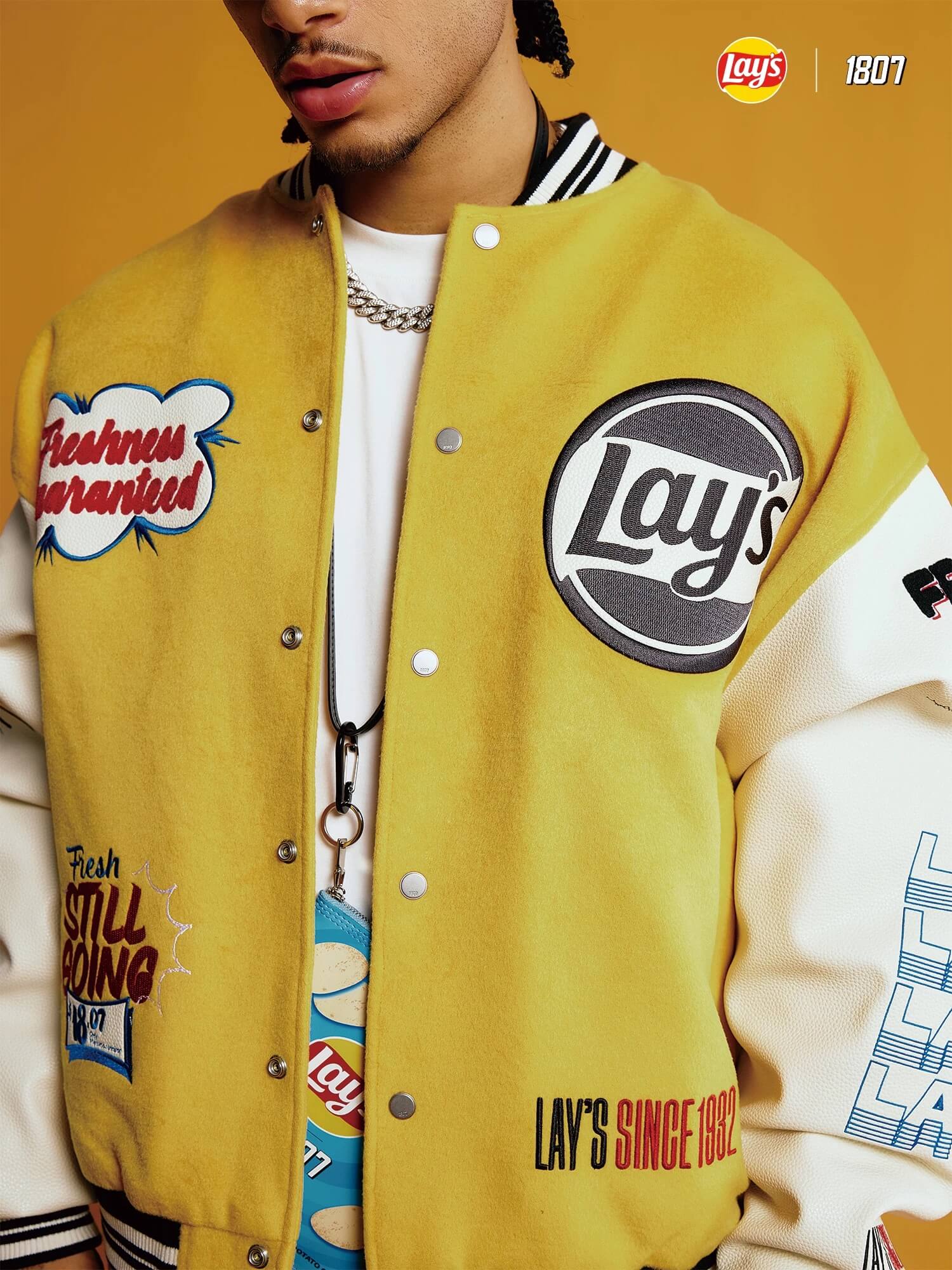 1807 × Lay’s Embroidered PU Leather Varsity Jacket