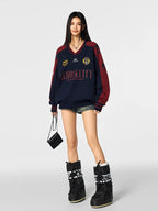 Achock Letter Printed Color Blocked V-Neck Sweatshirt