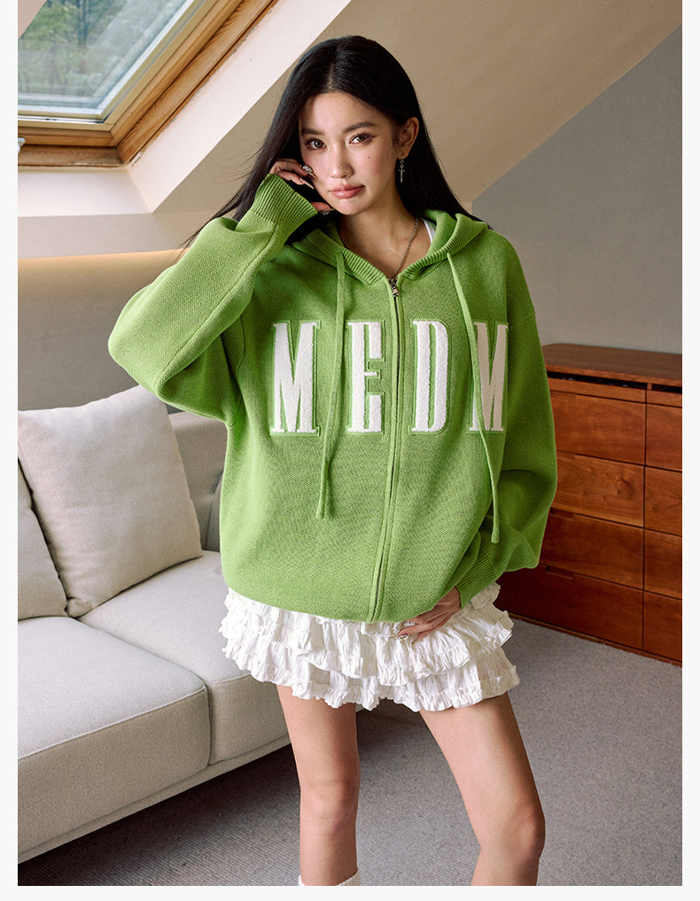MEDM Basic Embroidered Logo Zip Up Knit Hoodie