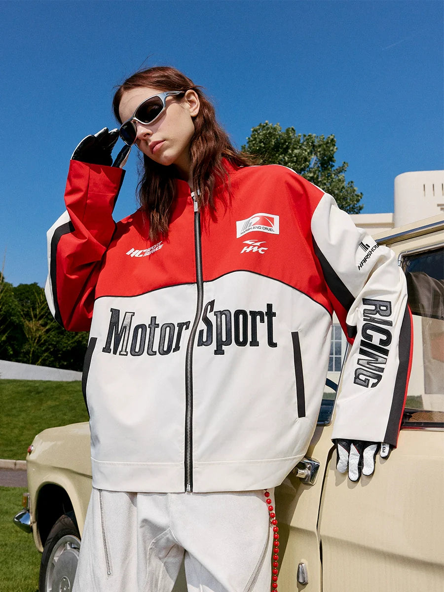 Harsh and Cruel Stand Collar Patch Leather Embroidered Racing Jacket